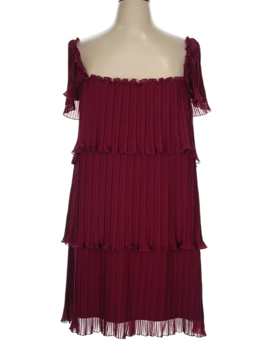 DKNY Pleated Tiered Dress NWT Burgundy Ruffle Cap Sleeve Beet Red Size 10
